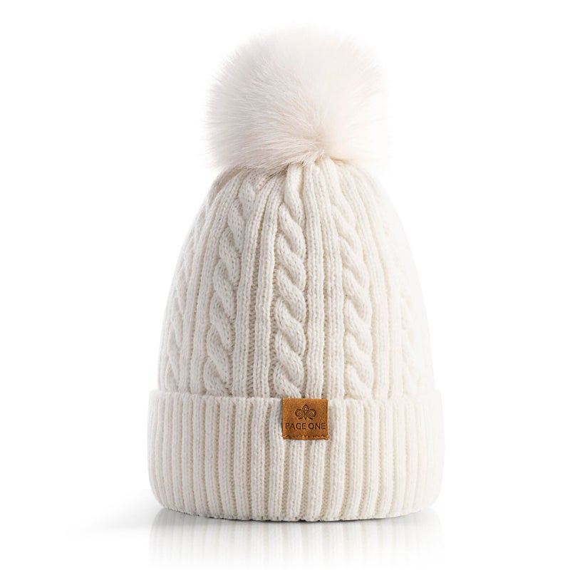 PAGE ONE Women Winter Pom Pom Beanie Hats Warm Fleece Lined,Chunky Trendy Cute Chenille Knit Twist Cap - Image 1